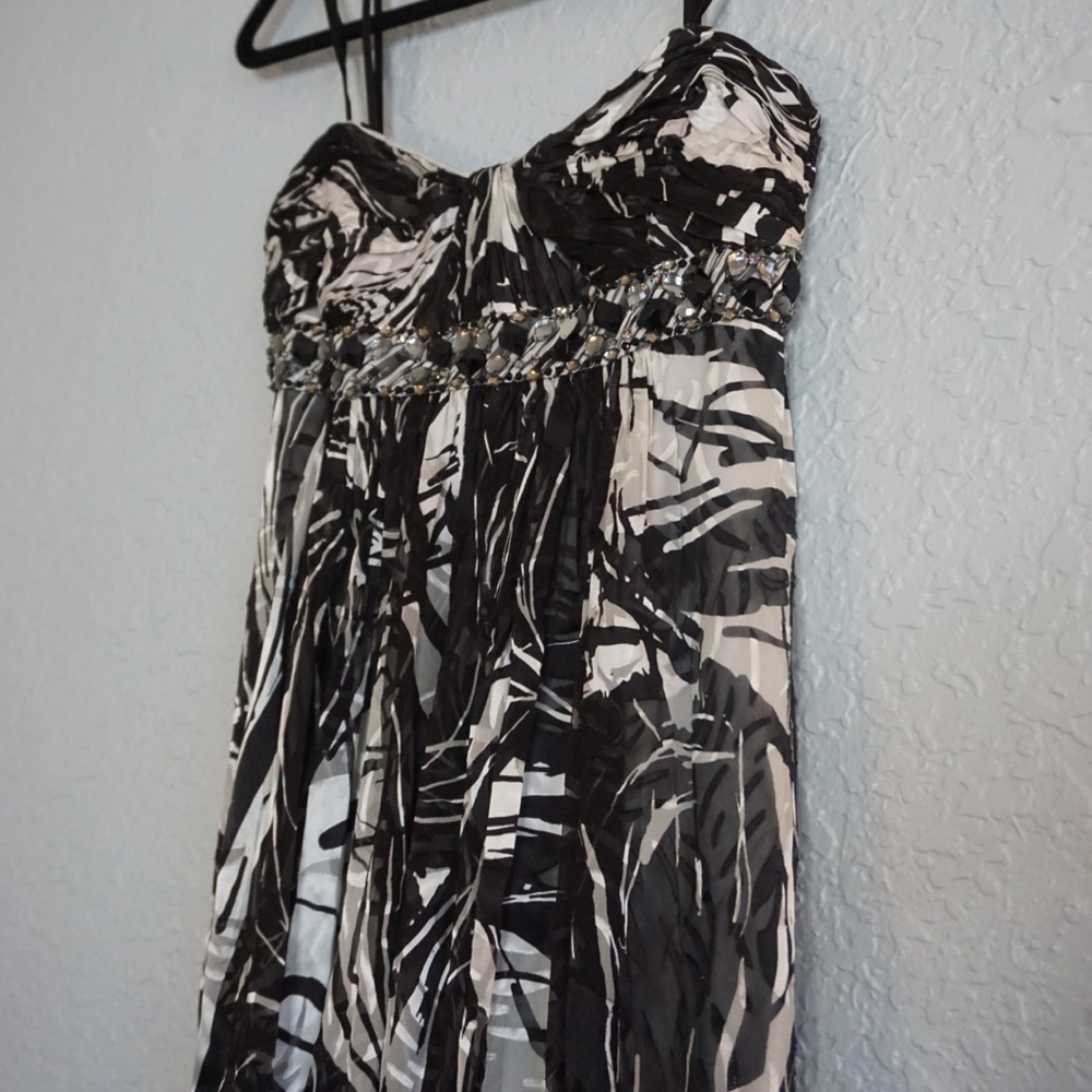 BCBG black and white strapless formal dress